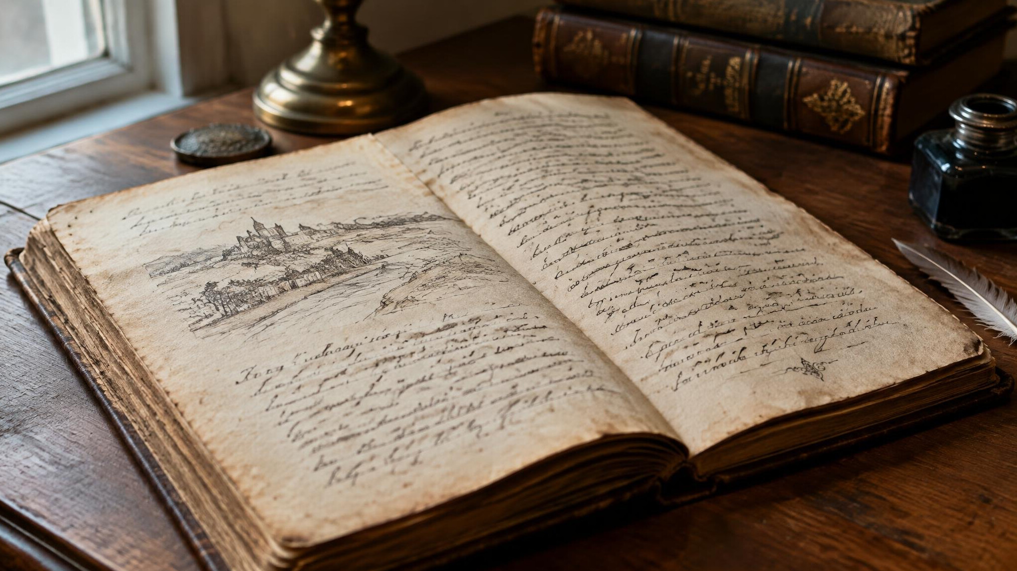 Open old book with handwritten manuscript pages on a wooden table