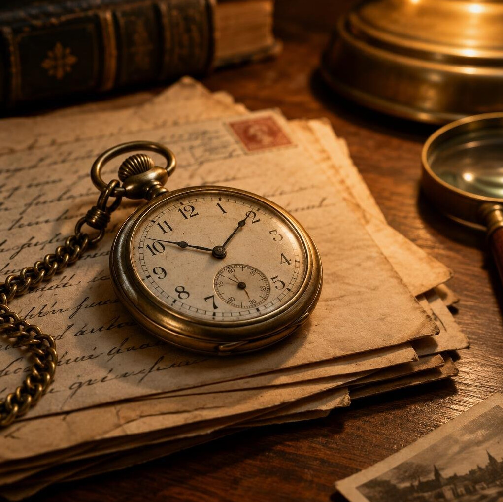 Antique pocket watch resting on a stack of old letters