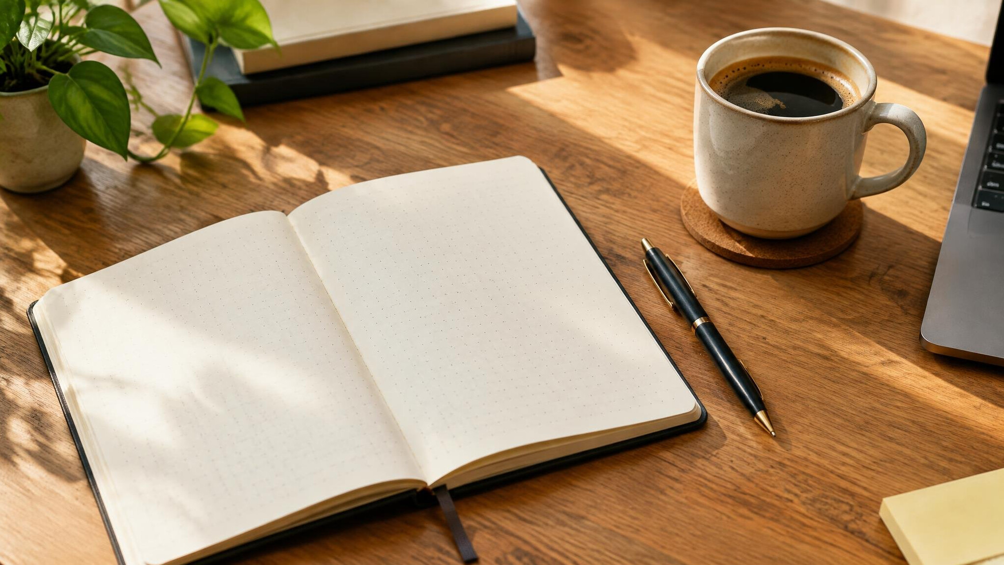 Open notebook, pen and cup of coffee on a wooden collaborative workspace