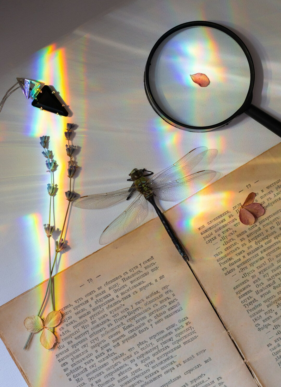 Vintage magnifying glass resting on an open handwritten notebook
