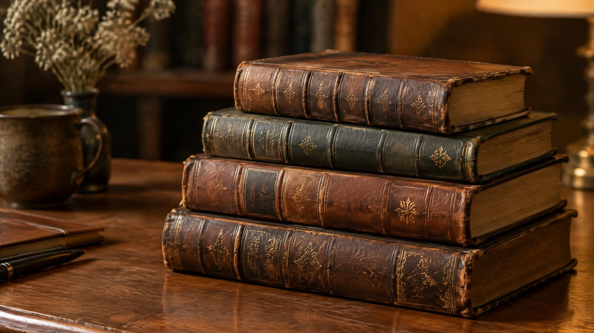 Stack of vintage leather-bound books on a wooden table