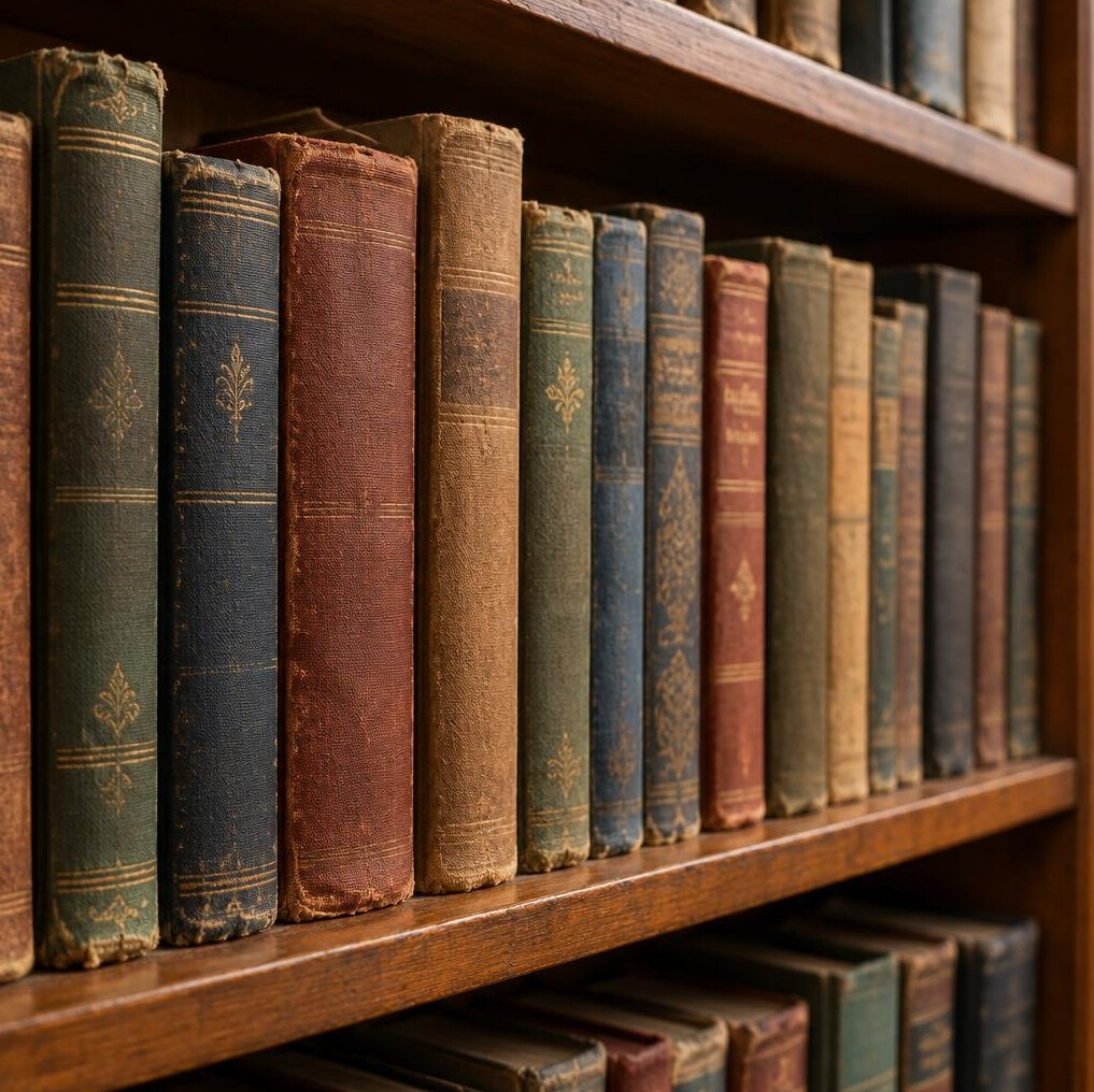 Rows of worn hardcover books on a library shelf