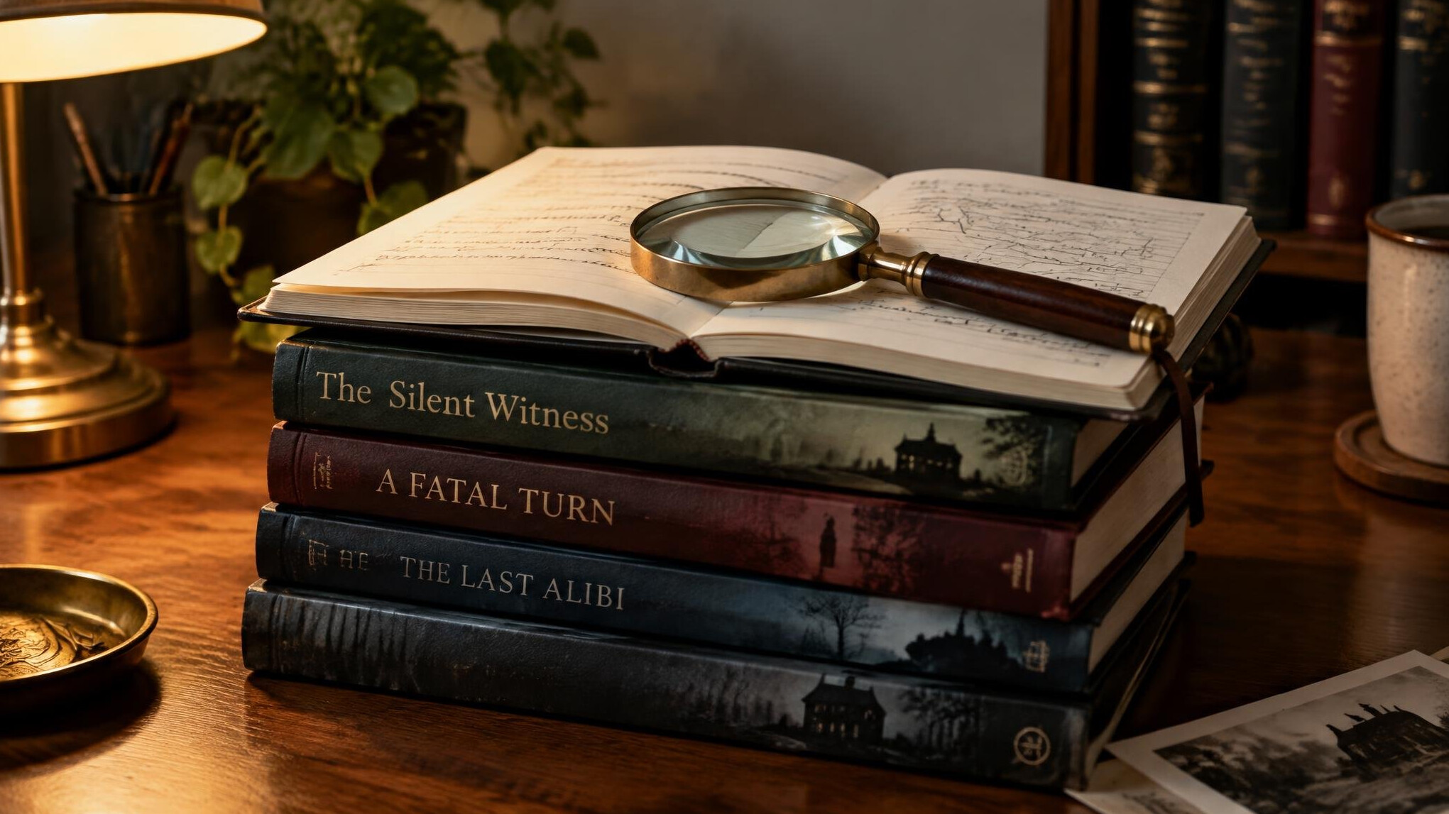 Stack of mystery novels with a magnifying glass on top