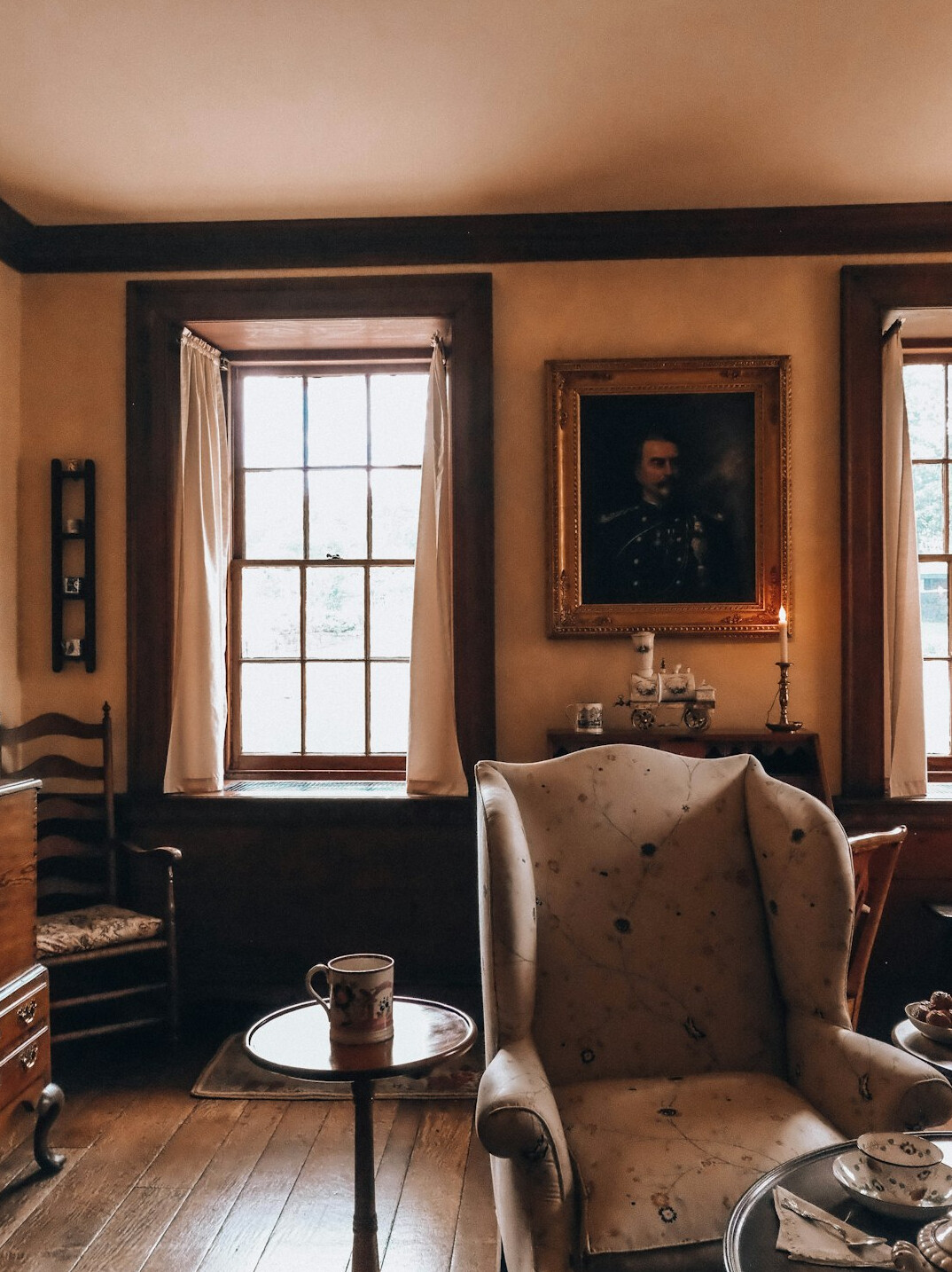 Quiet reading room with wooden chairs and tall windows
