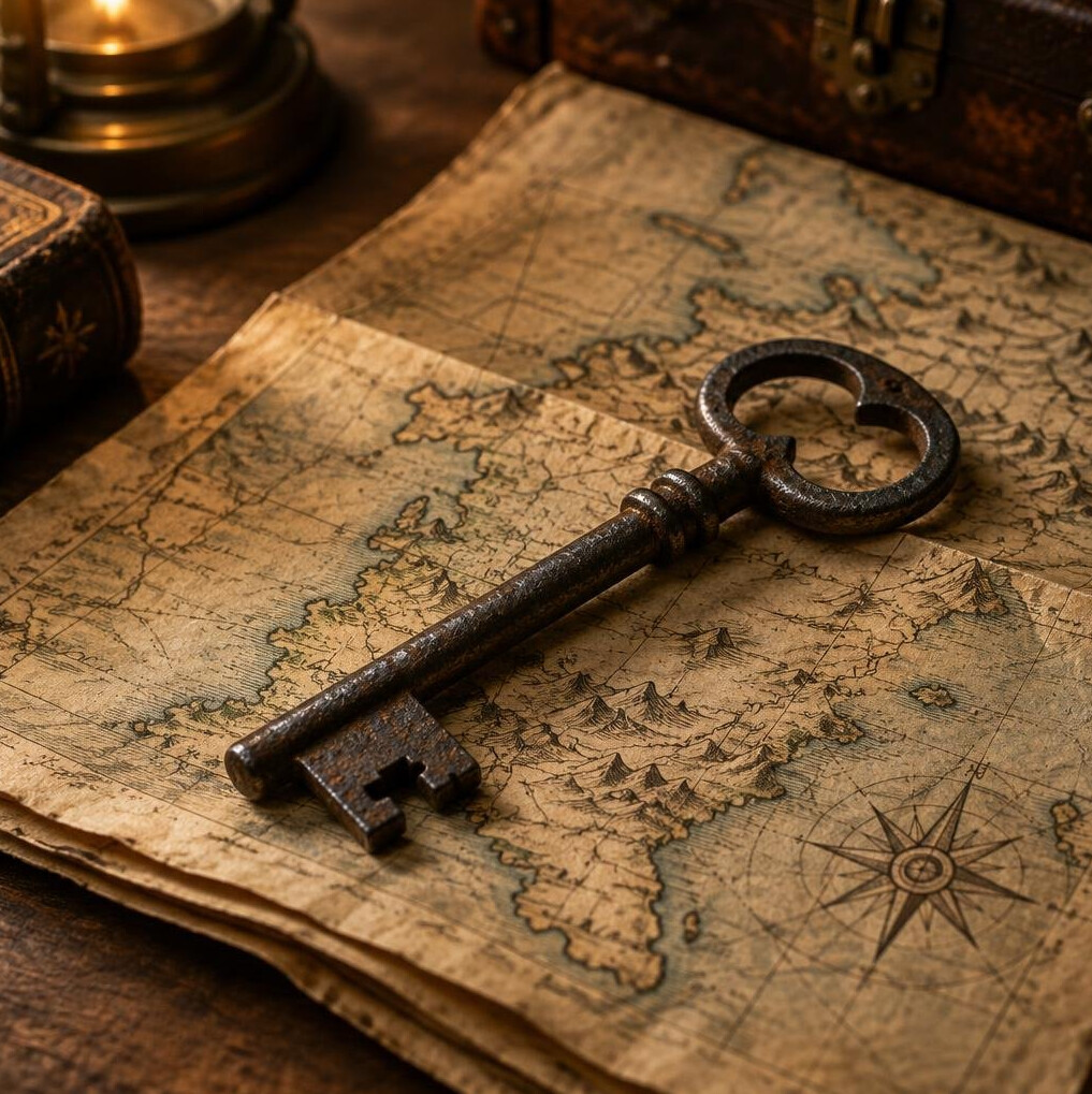 Old iron key resting on a folded paper map