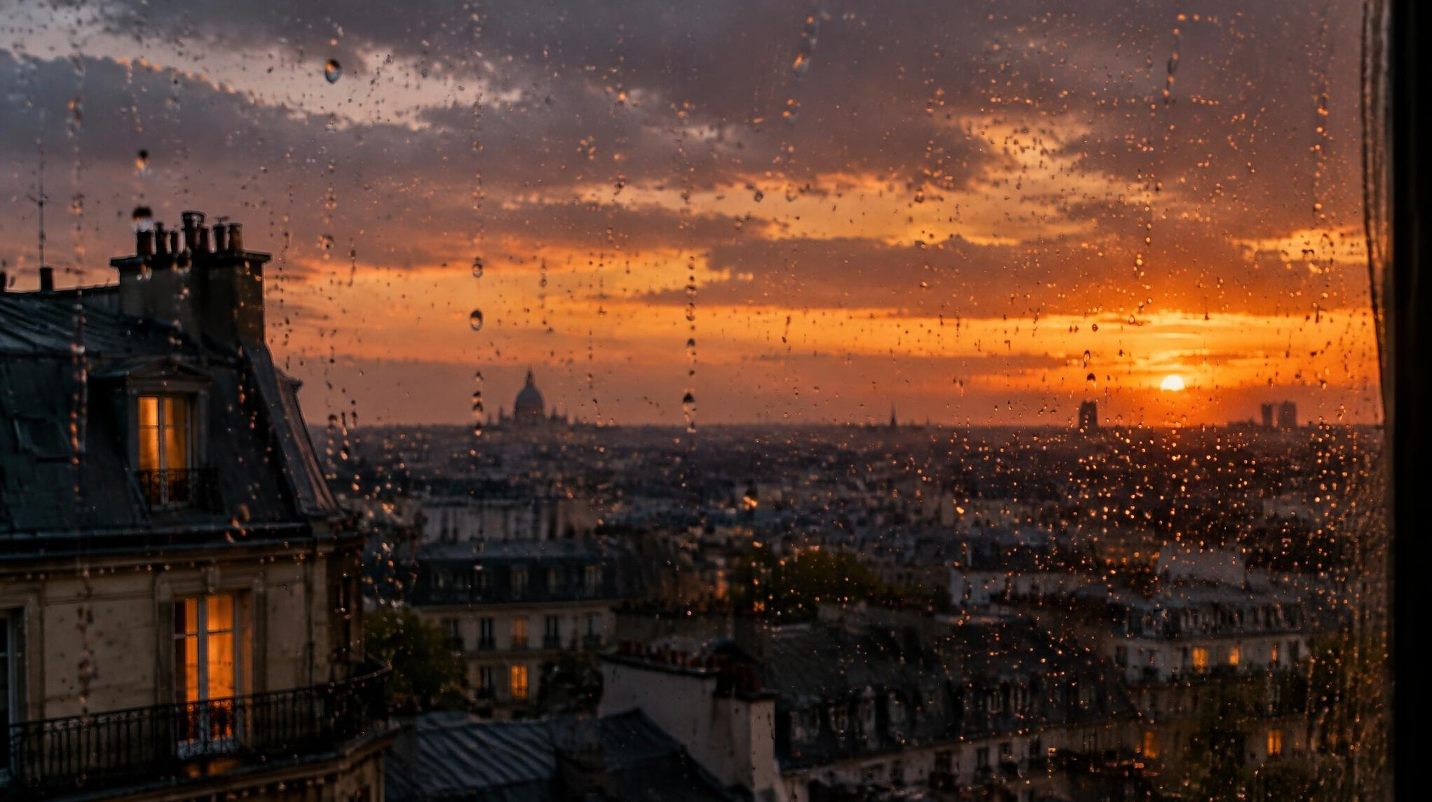 Rainy window overlooking rooftops at dusk